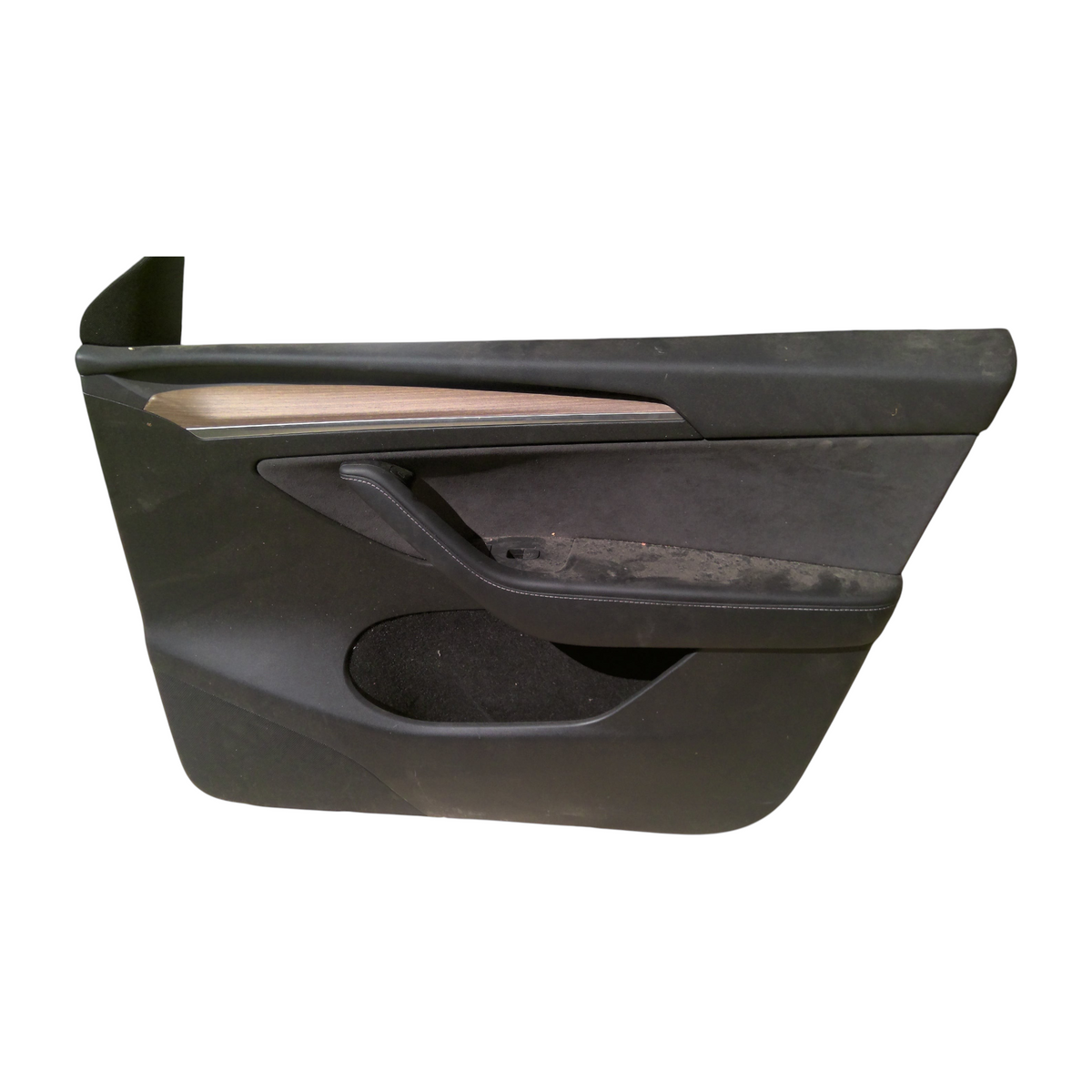 My Store OEM Tesla Model Y right interior door panel trim in black with wood grain accent and stitched armrest