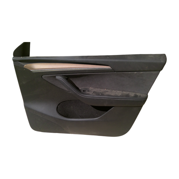 My Store OEM Tesla Model Y right interior door panel trim in black with wood grain accent and stitched armrest