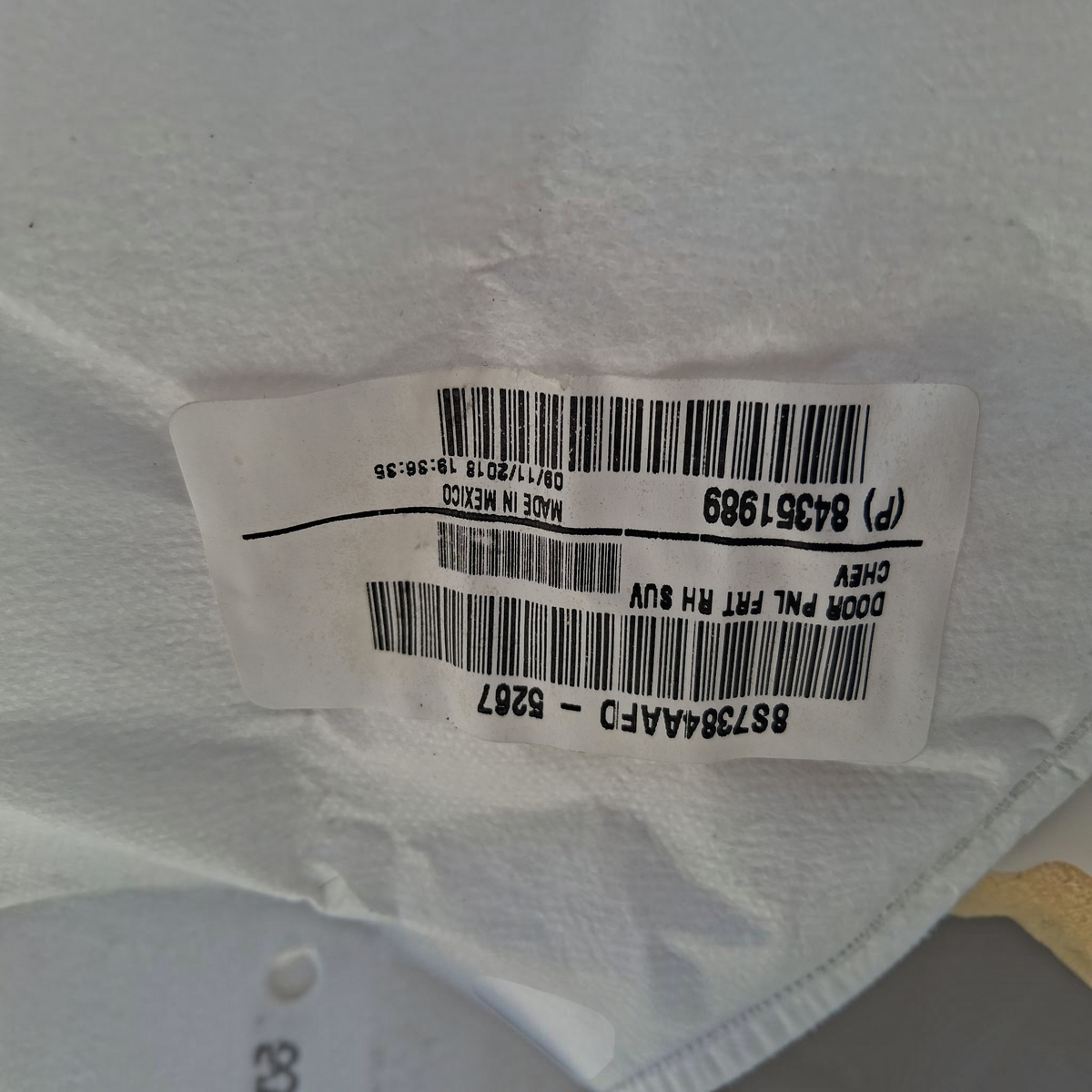My Store OEM 84351989 barcode label for 2019 Chevy Tahoe Premier front right passenger door panel